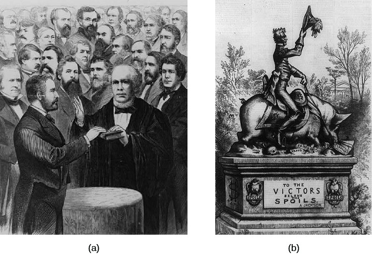 Image A is an illustration of Ulysses S. Grant being sworn in as President of the United States. Image B is a cartoon featuring a statue of Andrew Jackson riding a pig over a bed of skulls. A plaque on the pedestal reads 
