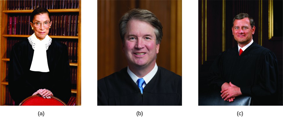  Image A is of Justice Ruth Bader Ginsburg. Image B is of Justice Brett Kavanaugh. Image C is of Justice John Roberts.