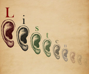 Drawings of ears and the word listen.