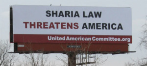 Billboard that says Sharia Law threatens America.