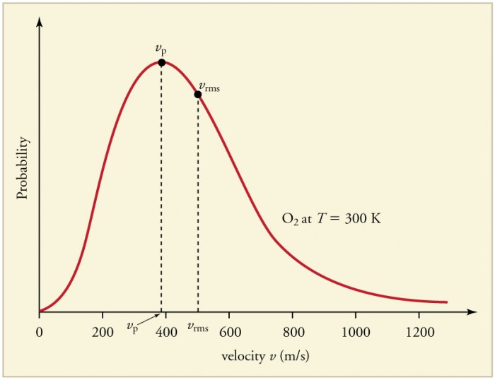 A line graph of probability versus velocity in meters per second of oxygen gas at 300 kelvin. The graph is skewed to the right, with a peak probability just under 400 meters per second and a root-mean-square probability of about 500 meters per second.