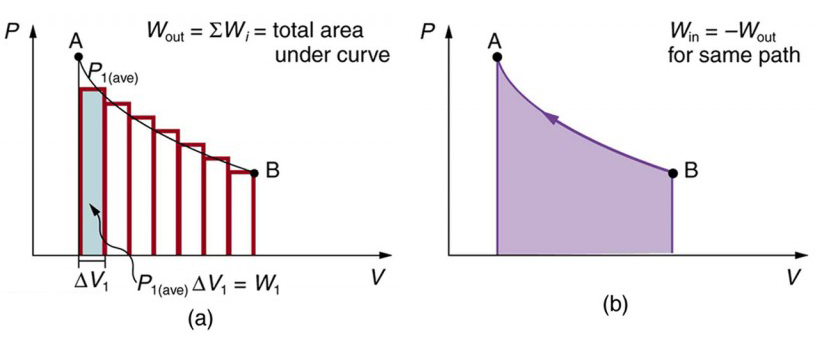 The diagram in part a shows a pressure versus volume graph. The pressure is along the Y axis and the volume is along the X axis. The curve is a smooth falling curve from the highest point A to the lowest point B. The curve is segmented into small vertical rectangular sections of equal width. One of the sections is marked as width of delta V sub one along the X axis. The pressure P sub one average multiplied by delta V sub one gives the work done for that strip of the graph. Part b of the figure shows a similar graph for the reverse path. The curve now slopes upward from point A to point B. An equation in the top right of the graph reads W sub in equals the opposite of W sub out for the same path.