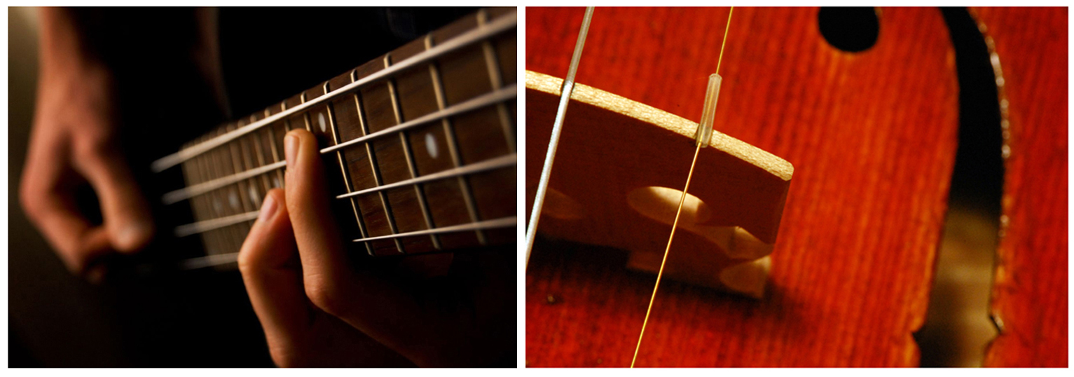 First photograph is of a person playing the guitar and the second photograph is of a violin.