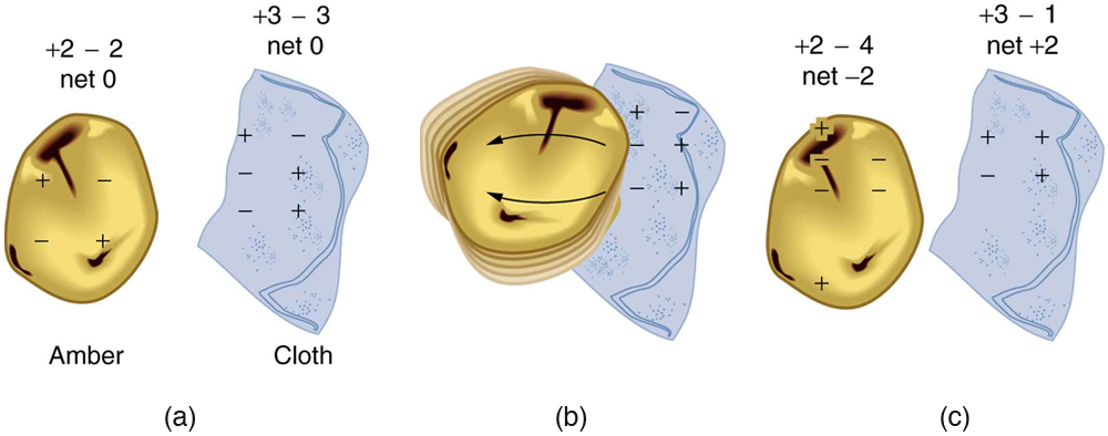 Figure 6. When materials are rubbed together, charges can be separated, particularly if one material has a greater affinity for electrons than another. (a) Both the amber and cloth are originally neutral, with equal positive and negative charges. Only a tiny fraction of the charges are involved, and only a few of them are shown here. (b) When rubbed together, some negative charge is transferred to the amber, leaving the cloth with a net positive charge. (c) When separated, the amber and cloth now have net charges, but the absolute value of the net positive and negative charges will be equal.