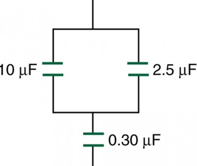 A circuit is shown with three capacitors. Two capacitors, of ten microfarad and two point five microfarad capacitance, are in parallel to each other, and their combination is in series with a zero point three zero microfarad capacitor.