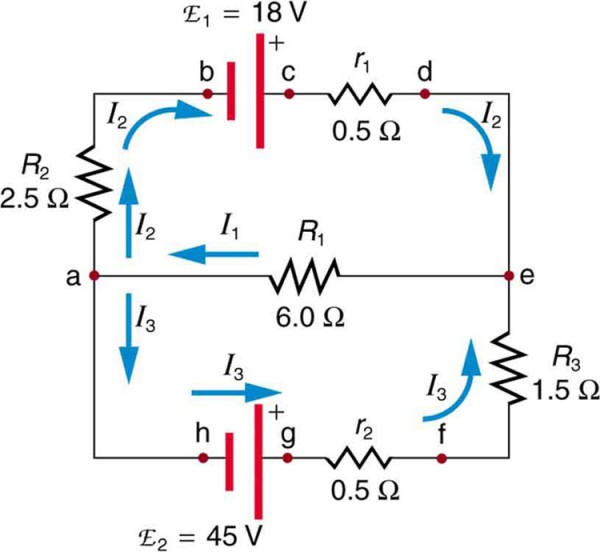 The diagram shows a complex circuit with two voltage sources E sub one and E sub two and several resistive loads, wired in two loops and two junctions. Several points on the diagram are marked with letters a through h. The current in each branch is labeled separately.