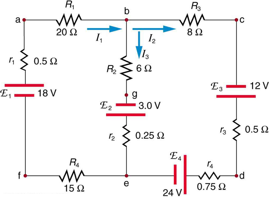 The diagram shows a complex circuit with four voltage sources: E sub one, E sub two, E sub three, E sub four and several resistive loads, wired in two loops and two junctions. Several points on the diagram are marked with letters a through g. The current in each branch is labeled separately.