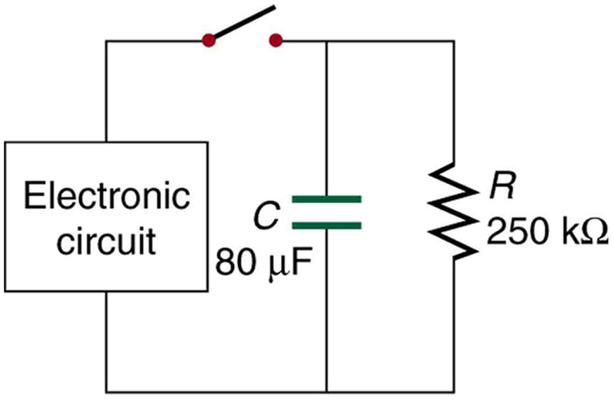 A parallel circuit with a switch, an embedded electronic circuit, a capacitor, and a resistor is shown. The embedded circuit, capacitor, and resistor are connected in parallel with each other: the electronic circuit on the left, the capacitor in the middle, and the resistor on the right. The capacitor has a capacitance of eighty micro farads. The resistor has a resistance of two hundred fifty kilohms. The switch is on the top, between the electronic circuit and the capacitor leg.
