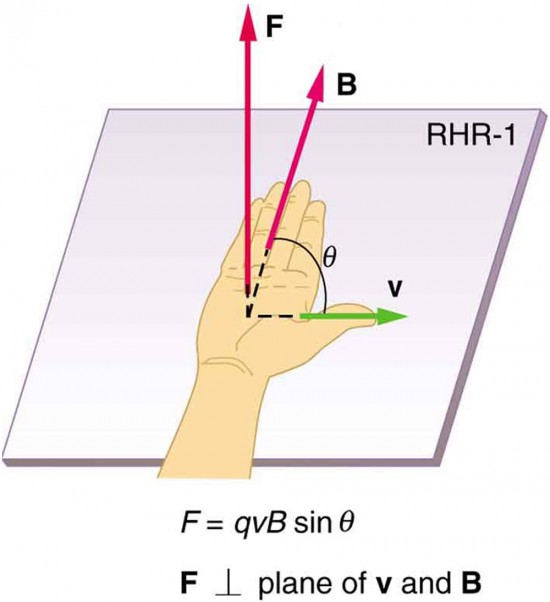 The right hand rule 1. An outstretched right hand rests palm up on a piece of paper on which a vector arrow v points to the right and a vector arrow B points toward the top of the paper. The thumb points to the right, in the direction of the v vector arrow. The fingers point in the direction of the B vector. B and v are in the same plane. The F vector points straight up, perpendicular to the plane of the paper, which is the plane made by B and v. The angle between B and v is theta. The magnitude of the magnetic force F equals q v B sine theta.