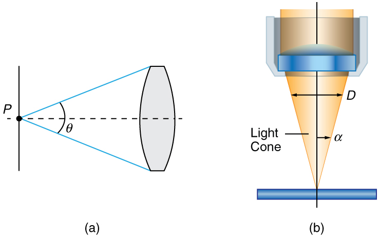 Part a of the figure shows a horizontal dotted line, a point P on the line and an objective lens at a distance from the point such that a triangle is formed from point P to the edges of the lens. An angle theta is shown at point P, representing the maximum cone of rays entering the lens from point P. Part b of the figure shows light rays from a specimen entering a camera lens held above it. The rays form an inverted cone.
