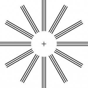 A circle without border and a cross sign in between. A wheel type structure is shown with parallel lines coming from the border of the circle.