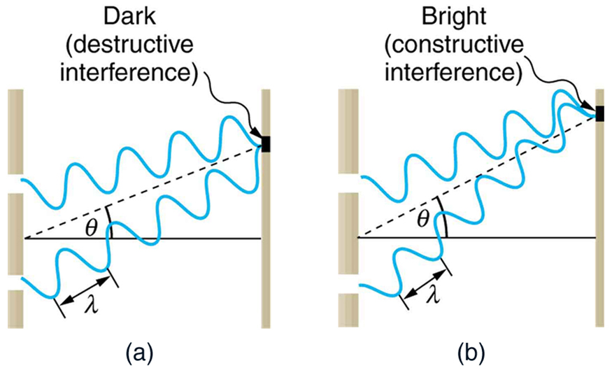 Both parts of the figure show a schematic of a double slit experiment. Two waves, each of which is emitted from a different slit, propagate from the slits to the screen. In the first schematic, when the waves meet on the screen, one of the waves is at a maximum whereas the other is at a minimum. This schematic is labeled dark (destructive interference). In the second schematic, when the waves meet on the screen, both waves are at a minimum.. This schematic is labeled bright (constructive interference).