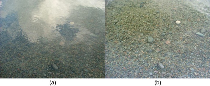 Two photographs side by side of the same calm stream bed. In photograph a, the reflections of the clouds and some blue sky prevent you from seeing the pebbles in the streambed. In photograph b, there is essentially no reflection of the sky from the water’s surface, and the pebbles underneath the water are clearly visible.