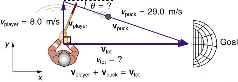 An ice hockey player is moving across the rink with velocity v player towards north direction. The goal post is in east direction. To hit the goal the hockey player must hit with velocity of puck v puck making an angle theta with the horizontal axis so that its direction is towards south east.