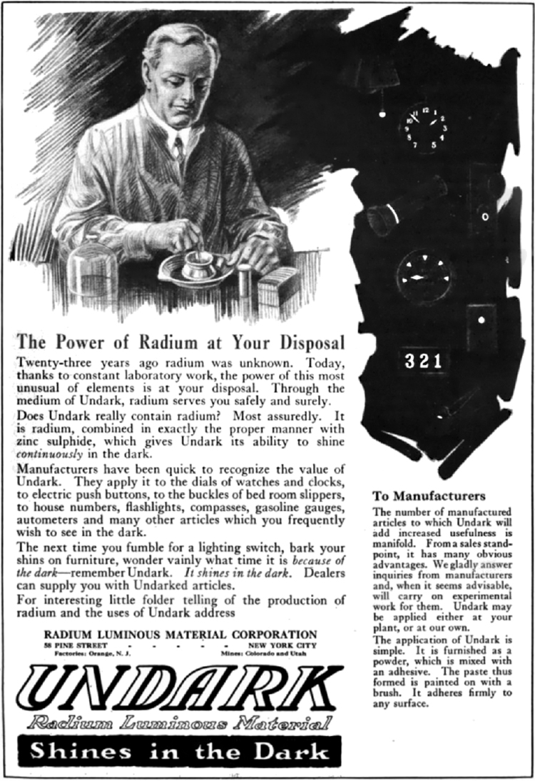 The image shows an old advertisement of radium material branded as UNDARK with the tagline 