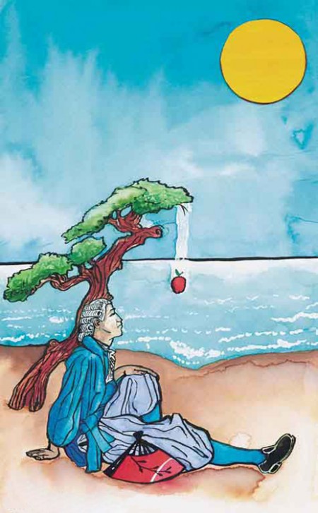 The figure shows a graphic image of a person sitting under a tree carefully looking toward an apple falling from the tree above him. There is a view of a river behind him and an image of the Sun in the sky.