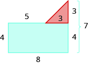 A geometric shape is shown. It is a blue rectangle with a red triangle attached to the top on the right side. The left side is labeled 4, the top 5, the bottom 8, the right side 7. The right side of the rectangle is labeled 4. The right side and bottom of the triangle are labeled 3.