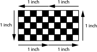 A checkerboard is shown. It has 10 squares across the top and 5 down the side. The top and bottom each have two adjacent 1 inch labels across, the sides have 1 inch labels.