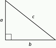 A right triangle is shown. The right angle is marked with a box. Across from the box is side c. The sides touching the right angle are marked a and b.