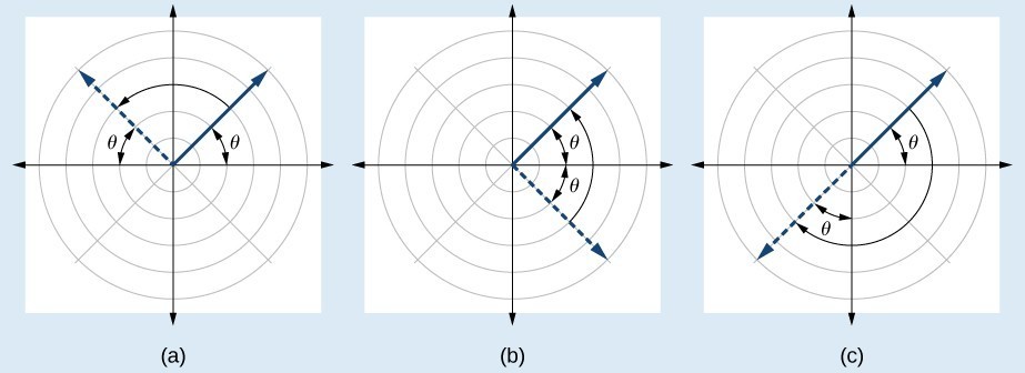 3 graphs side by side. (A) shows a ray extending into Q 1 and its symmetric version in Q 2. (B) shows a ray extending into Q 1 and its symmetric version in Q 4. (C) shows a ray extending into Q 1 and its symmetric version in Q 3. See caption for more information.
