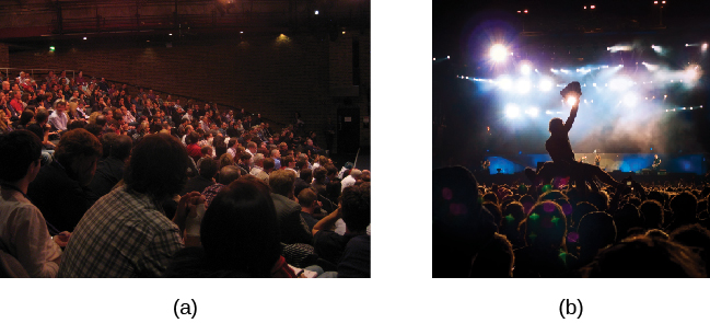 Photograph A shows people seated in an auditorium. Photograph B shows a person crowd surfing.