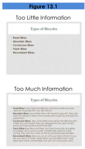 Figure 13.1. Two Powerpoint slides. The 'Too Little Information' slide shows a bulleted list of types of bicycles. The 'Too Much Information' slide shows the names and definitions of five kinds of bicycles.