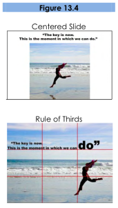 Figure 13.4. Both slides show a picture of a person leaping on a beach. In the centered slide, the image is cropped and centered so that the leaping figure is at the center of the slide. The quote is above the picture. In the rule-of-thirds slide, the picture takes up the entire slide. The leaping figure is on the right third of the slide, while the quote overlaps the photo in the top third of the slide.