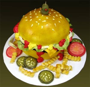 Cake that looks like a cheesburger.