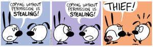 Mimi: Copying without permission is stealing! Eunice: Copying without permission is stealing! Mimi: Thief!