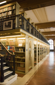 Two-story bookshelves in a library