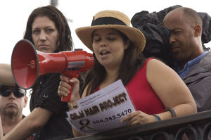 Woman protesting with megaphone