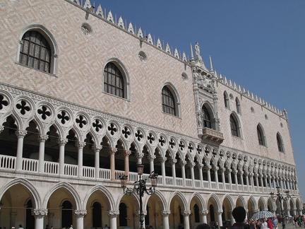 The Doges Palace, 1309 CE, viewed from St. Mark’s Square, Venice, Italy.