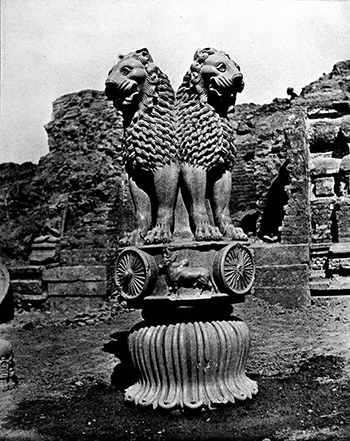 Lion Capital, Ashokan Pillar at Sarnath, c. 250 B.C.E., polished sandstone, 210 x 283 cm, Sarnath Museum, India (photo: AS Mysore for Vincent Arthur Smith, not in copyright - pre Independence princely state publication)