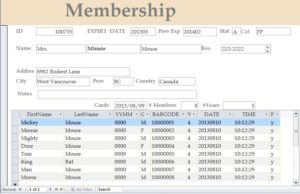 Snapshot of an online membership form. Underneath it is a spreadsheet with names, barcodes, date, and time.