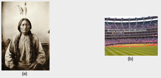 On the left is a portrait of a Native American chief. On the right is a baseball stadium.