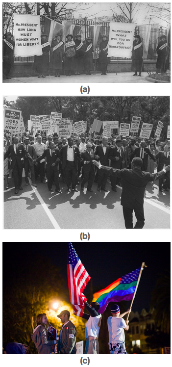 Figure (a) shows women’s suffrage marchers. Figure (b) shows a large group of marchers for civil rights. Figure (c) shows people waving a U.S. flag and a rainbow flag.