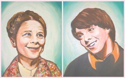 A diptych-style painting of the actors Ruth Gordon, an elderly woman (left), and Bud Cort, a young man (right), is shown.
