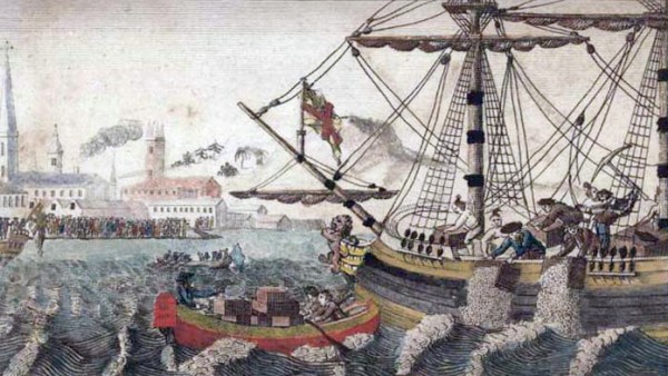 A painting of the Boston Tea Party.