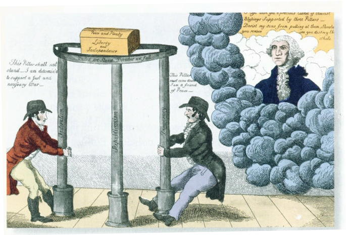 A cartoon depicting the pillars of federalism, republicanism, and democracy with George Washington looking on.