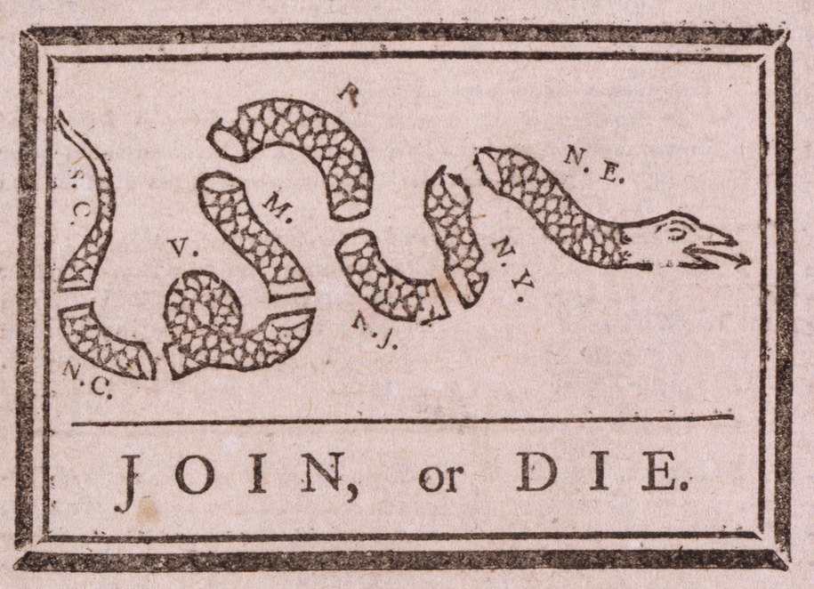 Drawing of a serpent severed into eight parts, each of which bears a state abbreviation (SC, NC, V, M, P, NJ, NY, NE). Cartoon has the caption 