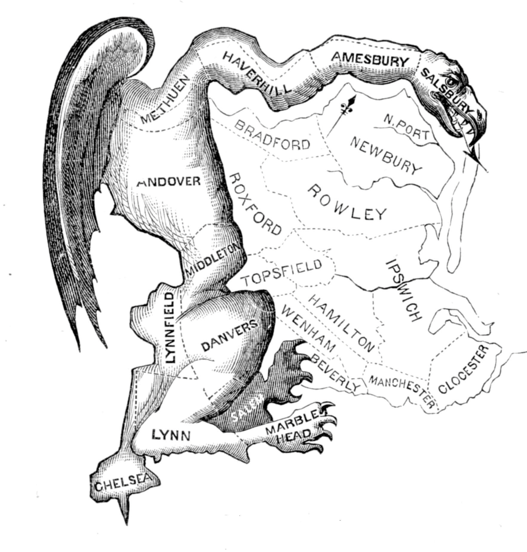 Map of electoral districts in Massachusetts in which the districts along the left and top have been shaded in and embellished to resemble a dragon or salamander (the drawing includes wings, claws, and a dragonlike face).