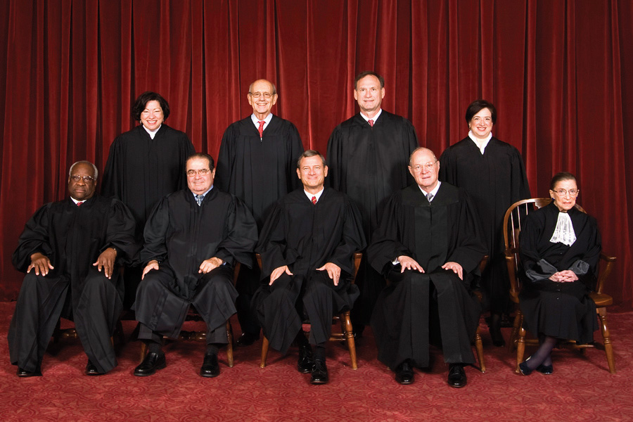 Official photo of the Supreme Court Justices. Top row (left to right): Associate Justice Sonia Sotomayor, Associate Justice Stephen G. Breyer, Associate Justice Samuel A. Alito, and Associate Justice Elena Kagan. Bottom row (left to right): Associate Justice Clarence Thomas, Associate Justice Antonin Scalia, Chief Justice John G. Roberts, Associate Justice Anthony Kennedy, and Associate Justice Ruth Bader Ginsburg.