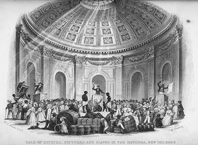 An illustration depicts the auction of slaves and material goods beneath a large, ornate rotunda. On the center auction block, an auctioneer calls for bids on a slave man, woman, and child. On auction blocks to either side, auctioneers sell off large paintings and other goods. Well-dressed people crowd the room and haggle over the items for sale.