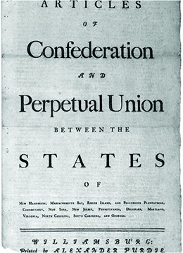 The first page of the Articles of Confederation is shown. The language reads “Articles of Confederation and Perpetual Union between the States of New-Hampshire, Massachusetts-Bay, Rhode-Island and Providence Plantations, Connecticut, New-York, New-Jersey, Pennsylvania, Delaware, Maryland, Virginia, North-Carolina, South-Carolina and Georgia.”
