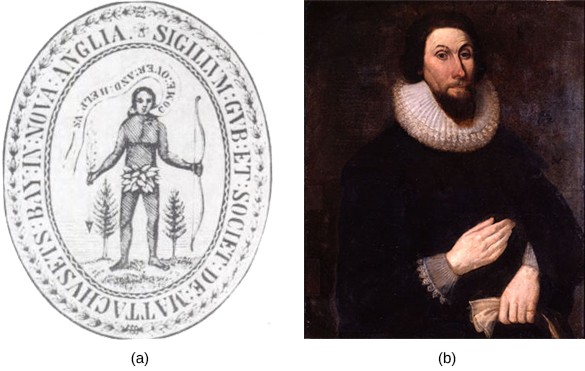 Image (a) shows the 1629 seal of the Massachusetts Bay Colony. On the seal, an Indian dressed in a leaf loincloth and holding a bow is depicted asking colonists to “Come over and help us.” Image (b) is a portrait of John Winthrop, who wears dark clothing, an Elizabethan ruff, and a pointed beard.