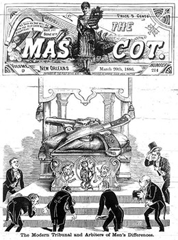 The cover of The Mascot magazine from March 20, 1886, is shown. An illustration entitled “The Modern Tribunal and Arbiter of Men’s Differences” depicts a group of well-dressed men holding their hats as they bow before an altar, on top of which lie a larger-than-life pistol and knife.