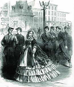 A drawing shows an elaborately dressed young woman walking through a town, averting her gaze from the groups of nearby men who watch and whisper about her.