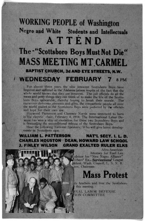 Poster advertising a mass protest. The headline says The Scottsboro Boys Must Not Die.