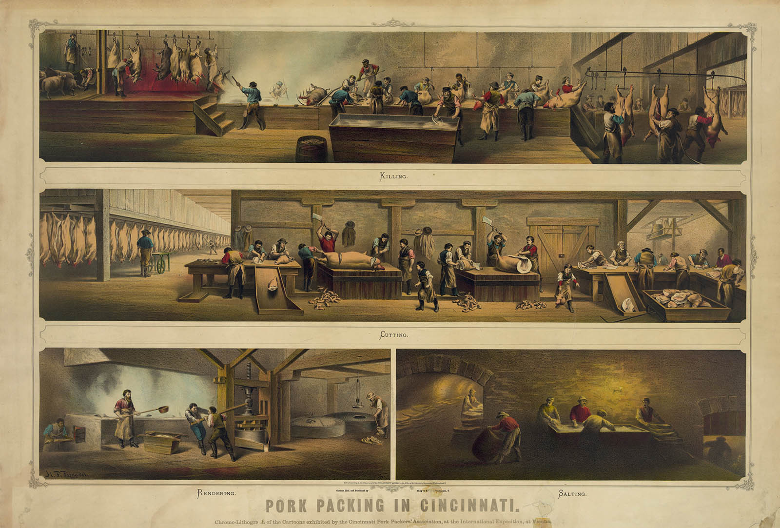 Images showing the four steps of meat-packing: killing, cutting, rendering, and salting.