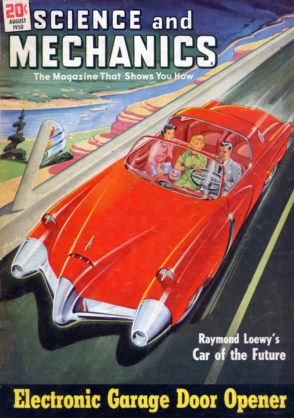 The cover of Science and Mechanics. It features a drawing of a man and two women in a sleek red convertible. The headlines are Electronic Garage Door Opener and Raymond Loewy's Car of the Future.